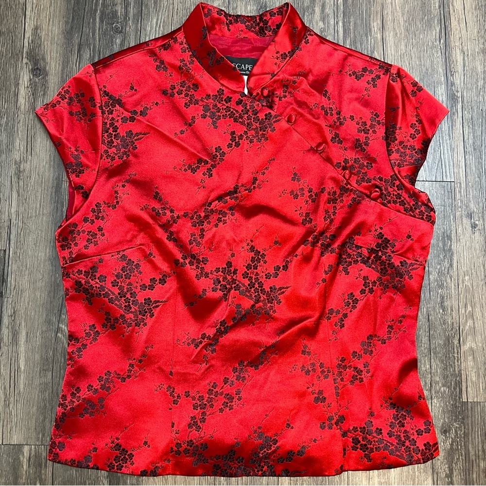 Women's Red Floral Satin Mandarin Collar Top